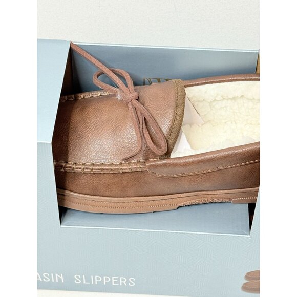Wayland Square Moccasin Slippers Mens Size L 9 10 Brown Faux Leather Faux Fur - Picture 2 of 8